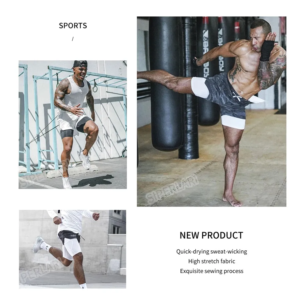 2023 Camo Running Shorts Men 2 In 1 Double-deck Quick Dry GYM Sport Shorts Fitness Jogging Workout Shorts