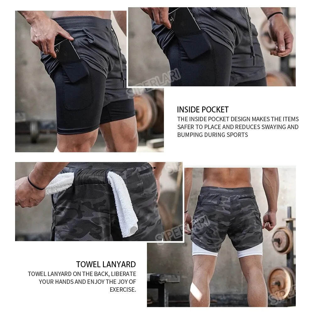 2023 Camo Running Shorts Men 2 In 1 Double-deck Quick Dry GYM Sport Shorts Fitness Jogging Workout Shorts