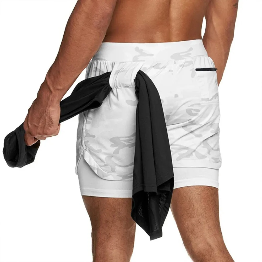 2023 Camo Running Shorts Men 2 In 1 Double-deck Quick Dry GYM Sport Shorts Fitness Jogging Workout Shorts