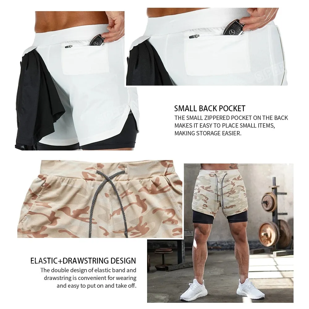 2023 Camo Running Shorts Men 2 In 1 Double-deck Quick Dry GYM Sport Shorts Fitness Jogging Workout Shorts