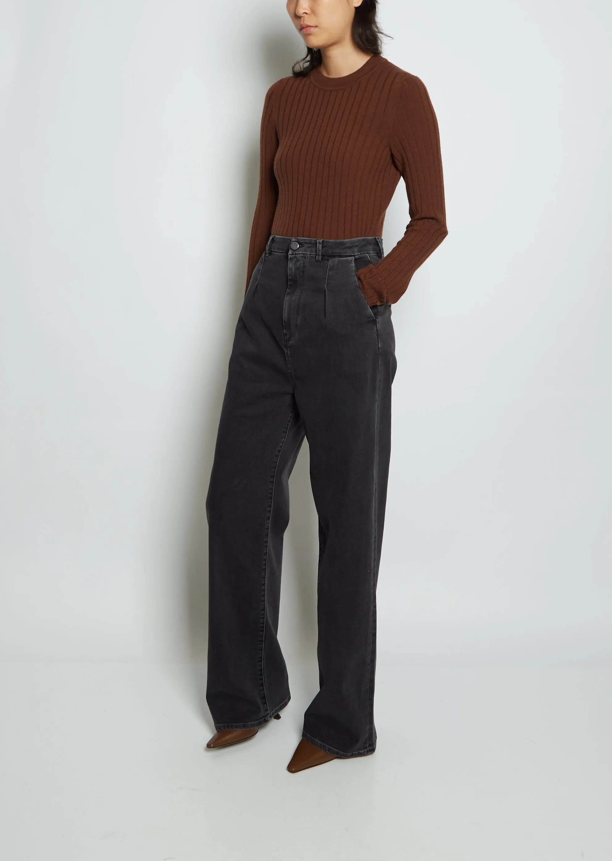 Attu Wide-Leg Cotton Denim Pants — Washed Grey