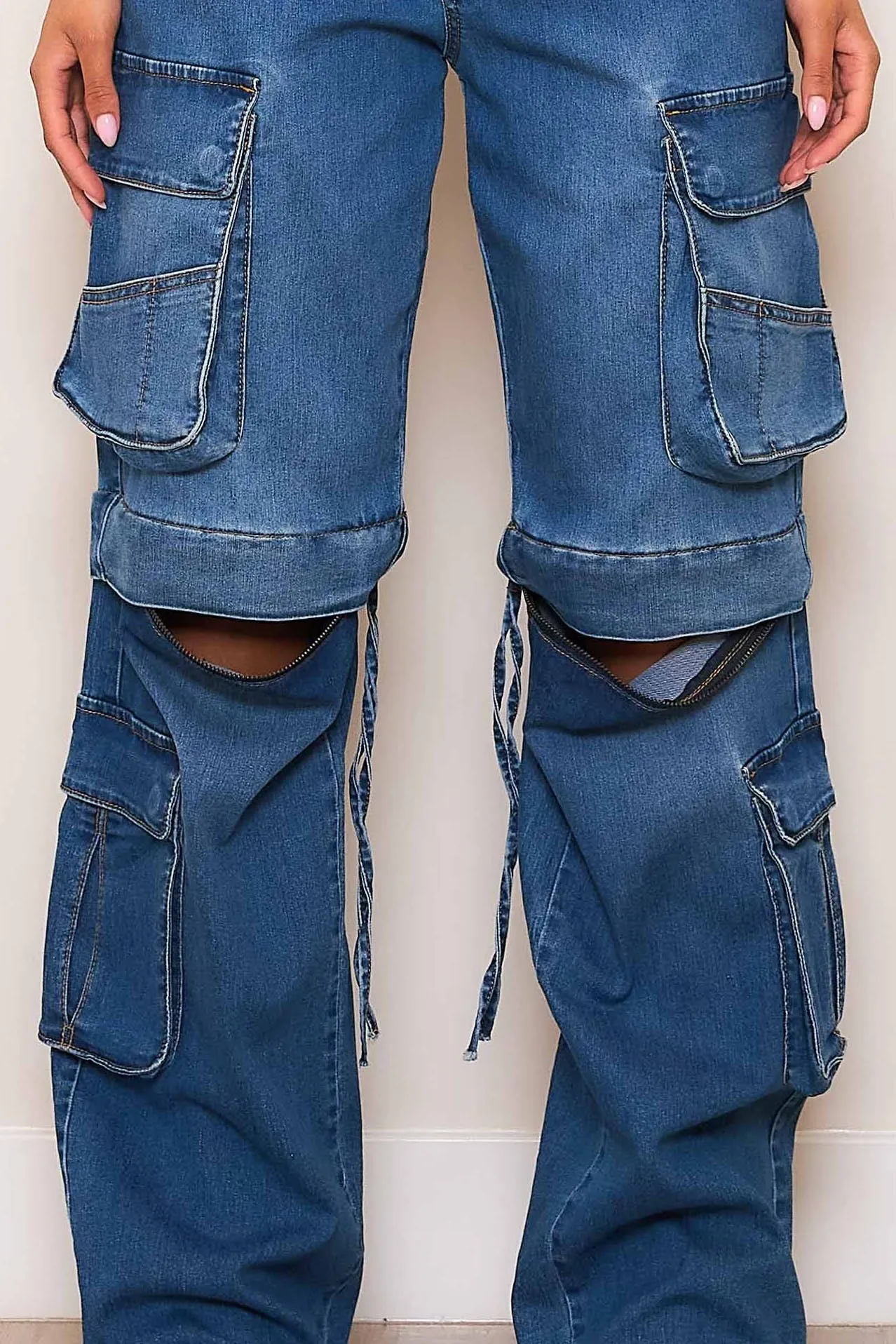 Convertible Baggy Cargo Jeans With Double Waist Band