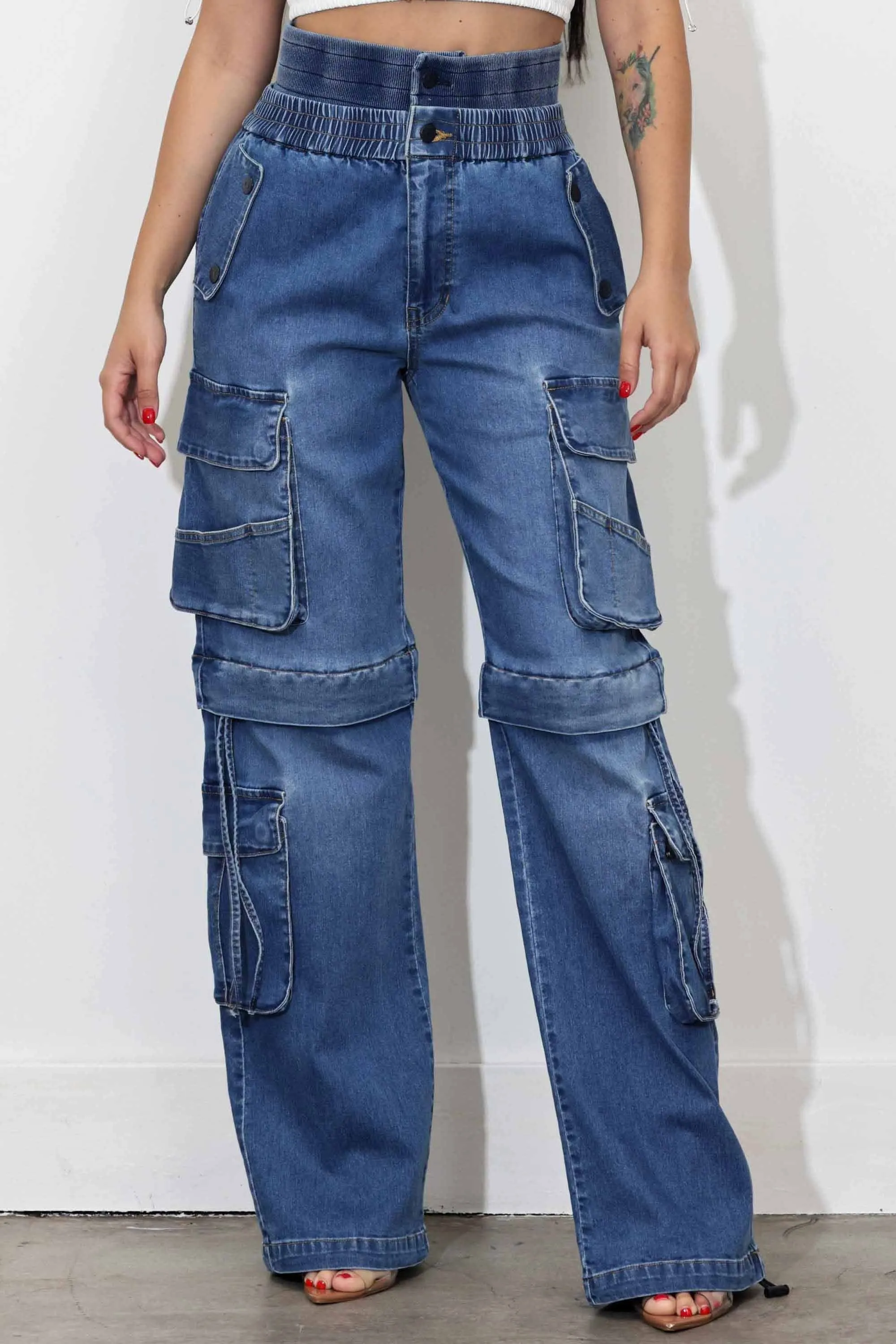 Convertible Baggy Cargo Jeans With Double Waist Band