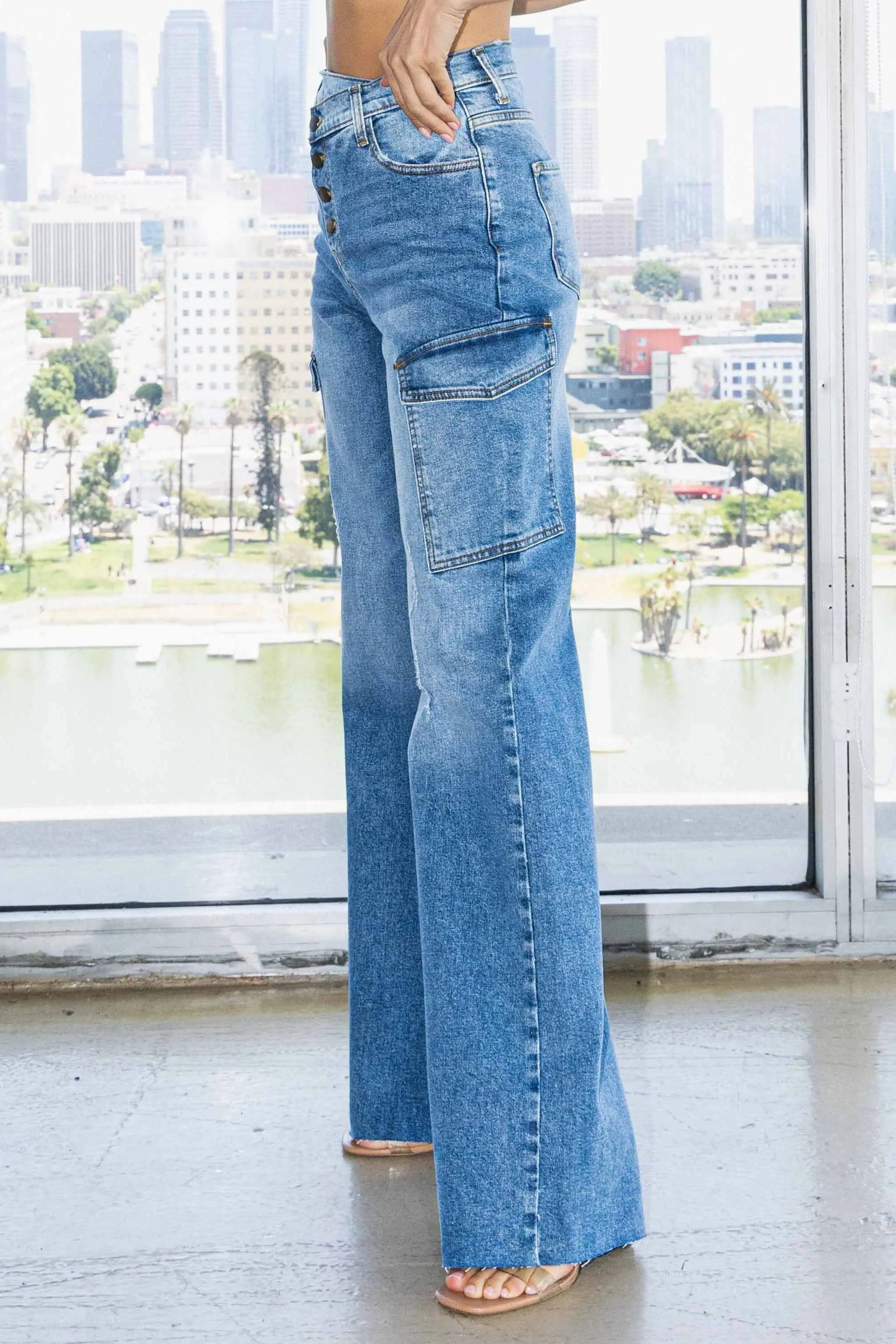 Criss Cross Waist Cargo Wide Jeans