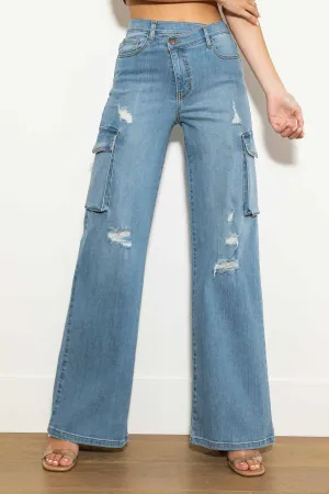 Crossed Waist Wide Cargo Jeans