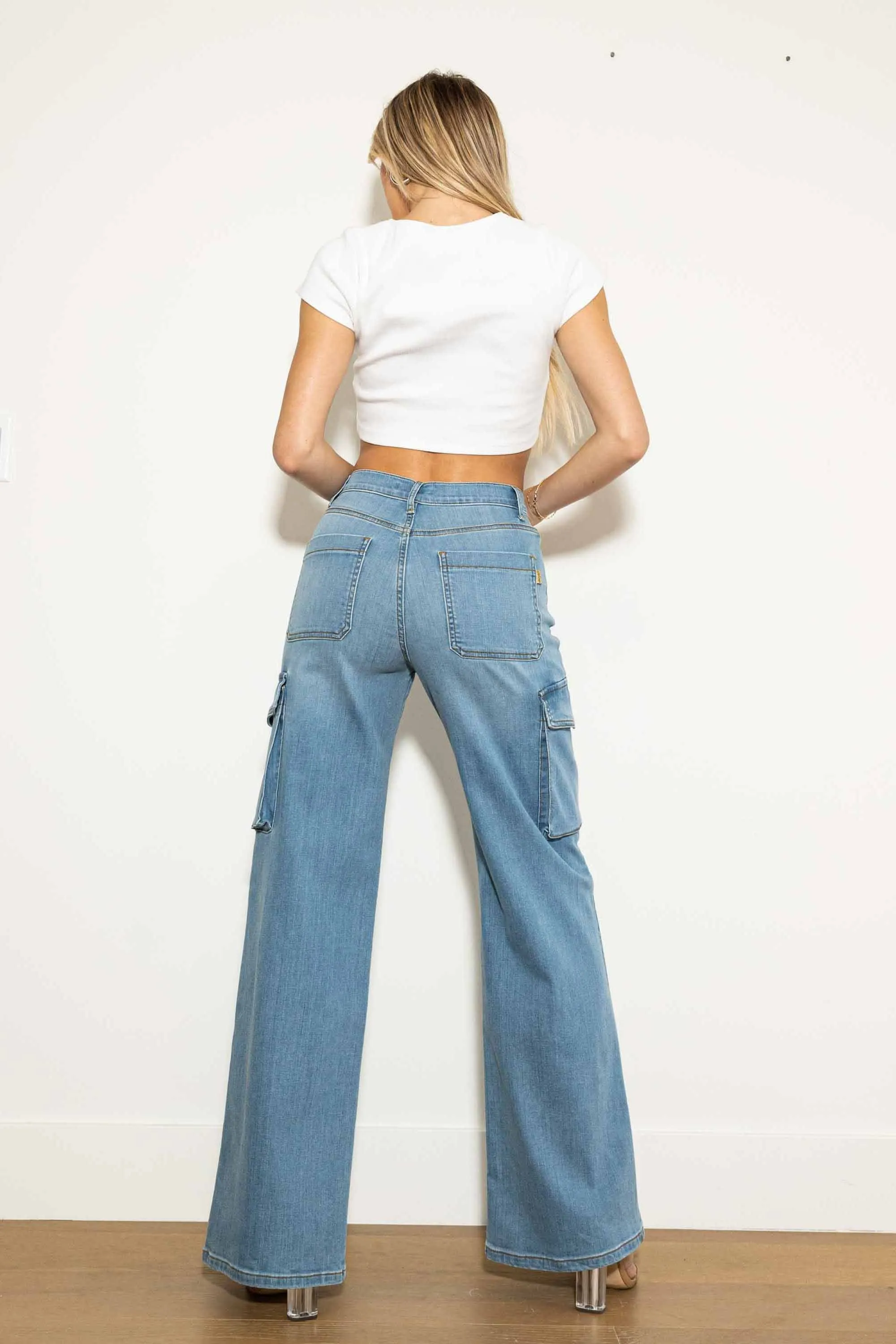 Crossed Waist Wide Cargo Jeans