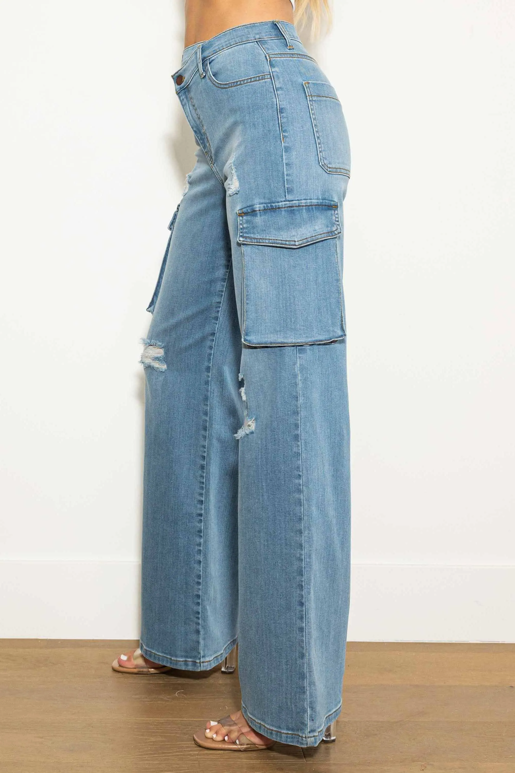 Crossed Waist Wide Cargo Jeans
