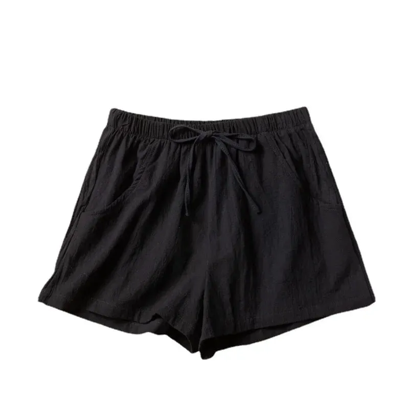 Plus Size Black Cotton Linen Shorts for Women