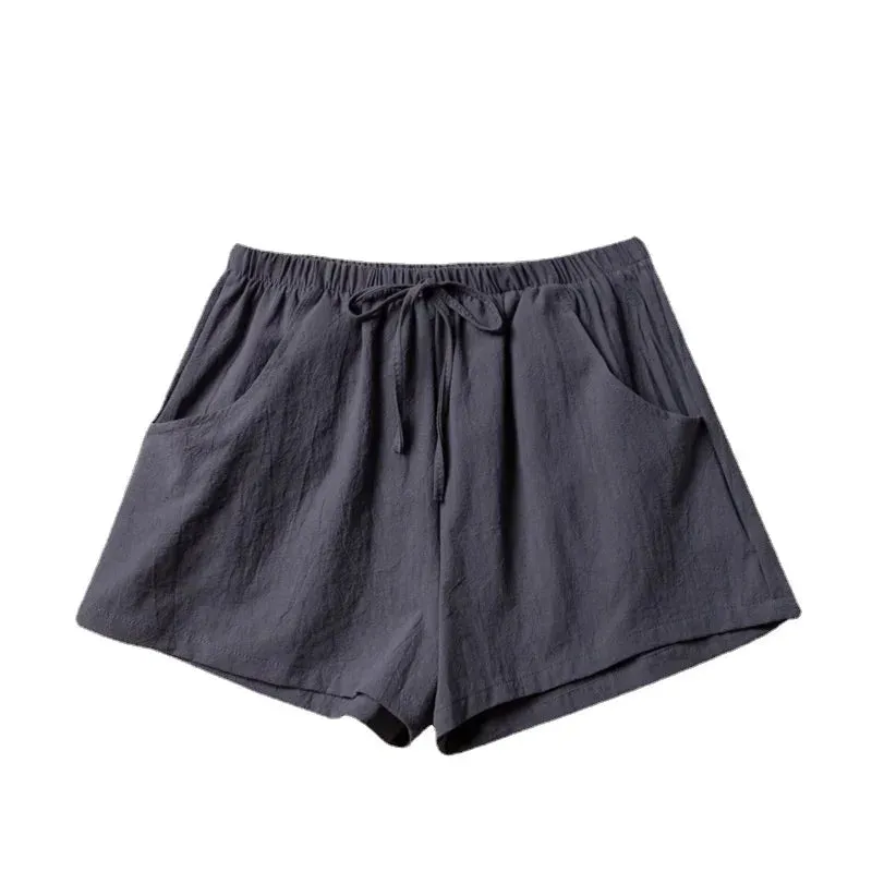 Plus Size Black Cotton Linen Shorts for Women