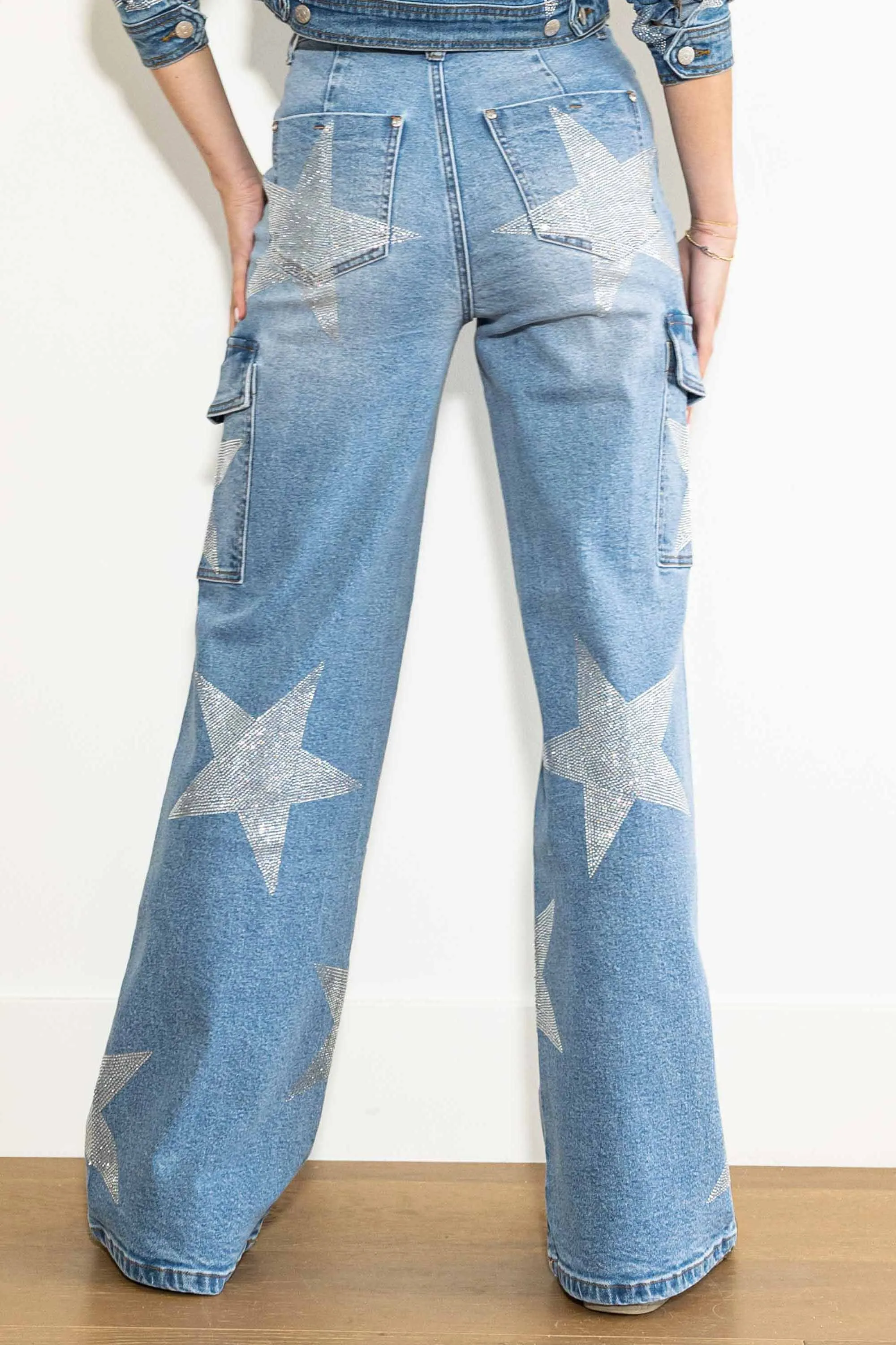 Stars Rhinestone Studded Cargo Jeans