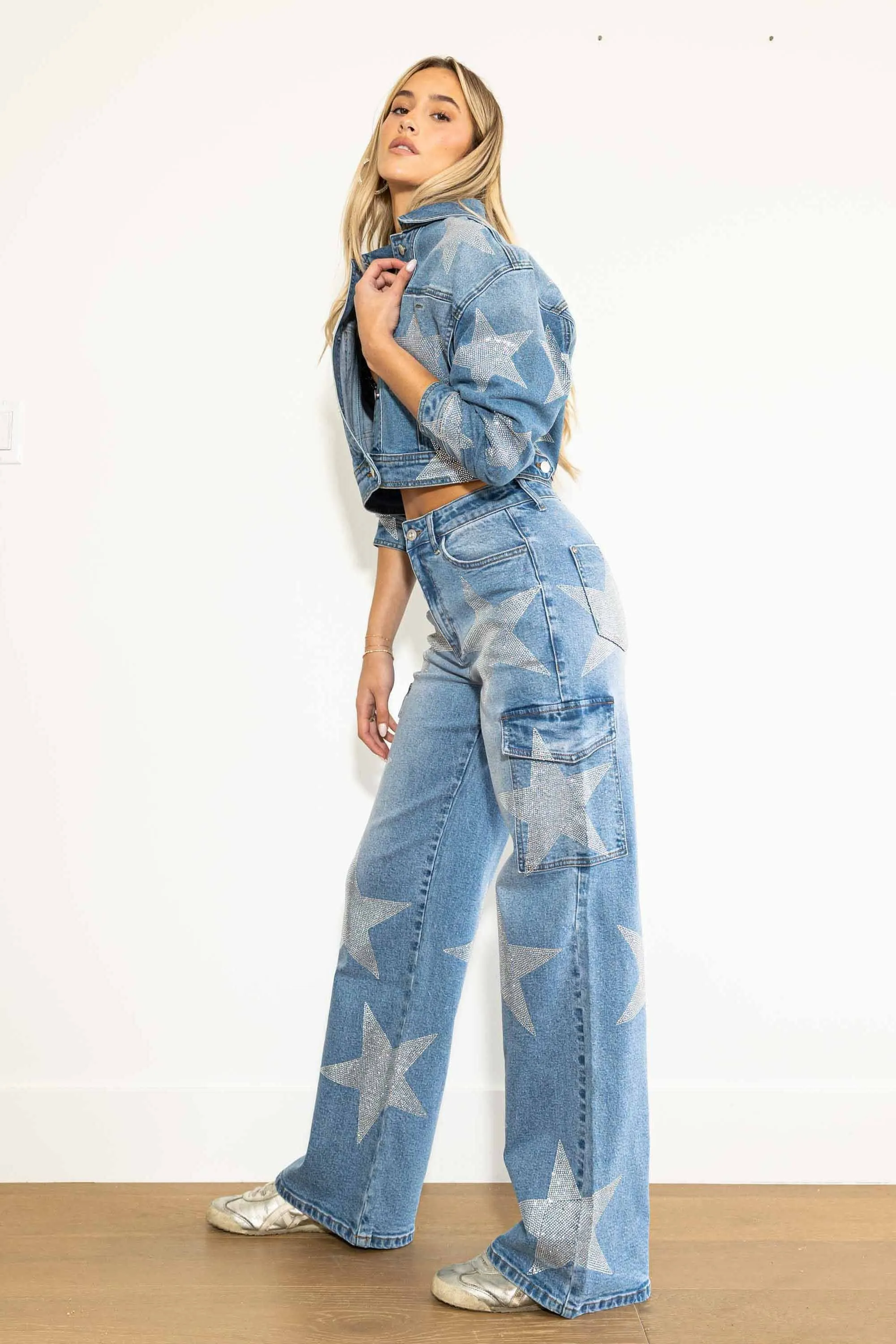 Stars Rhinestone Studded Cargo Jeans