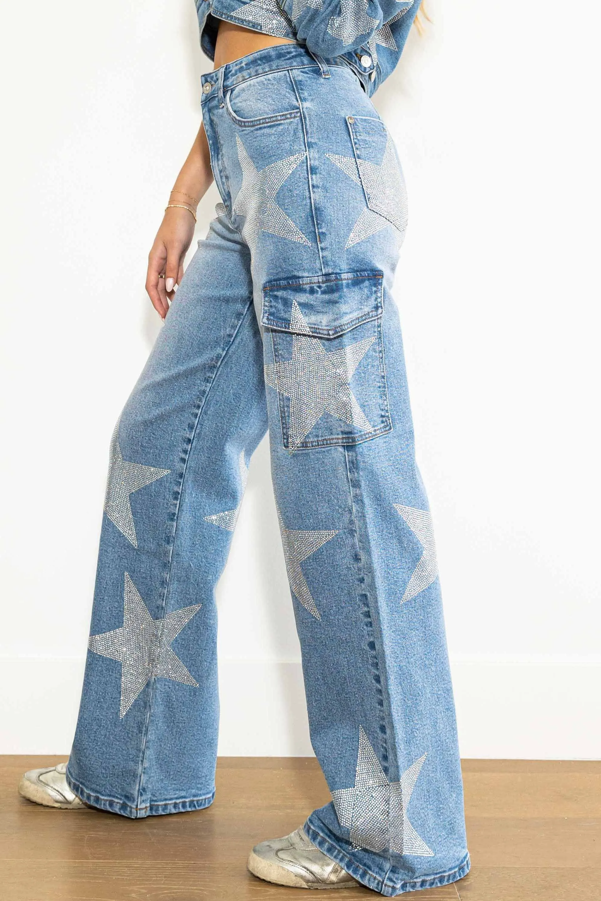 Stars Rhinestone Studded Cargo Jeans