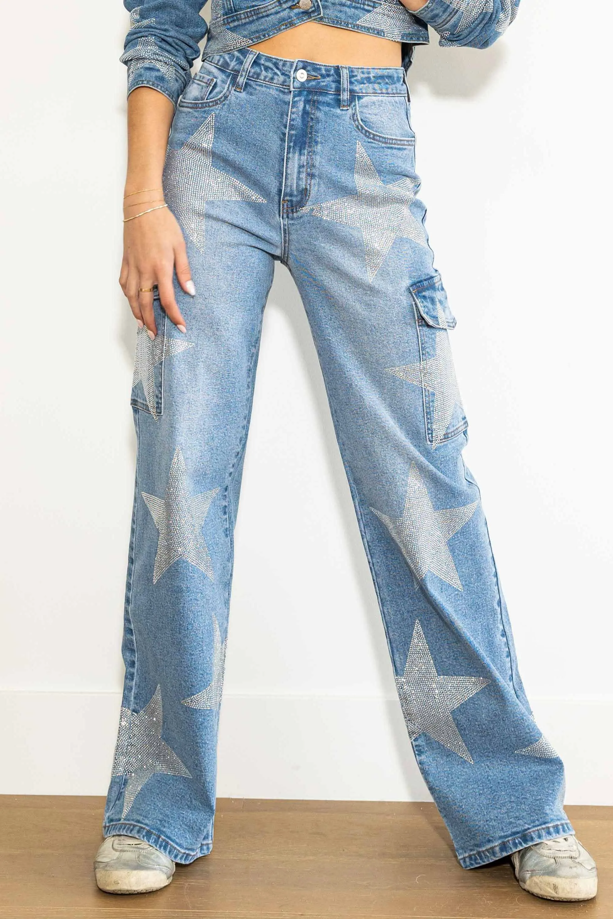 Stars Rhinestone Studded Cargo Jeans