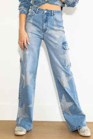 Stars Rhinestone Studded Cargo Jeans