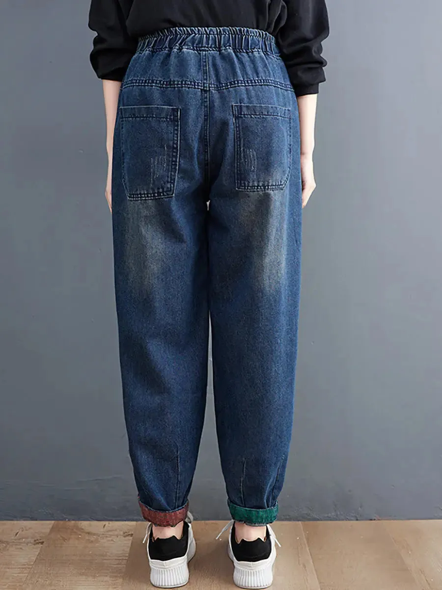 Women Colorblock Raw-edge Denim Pants
