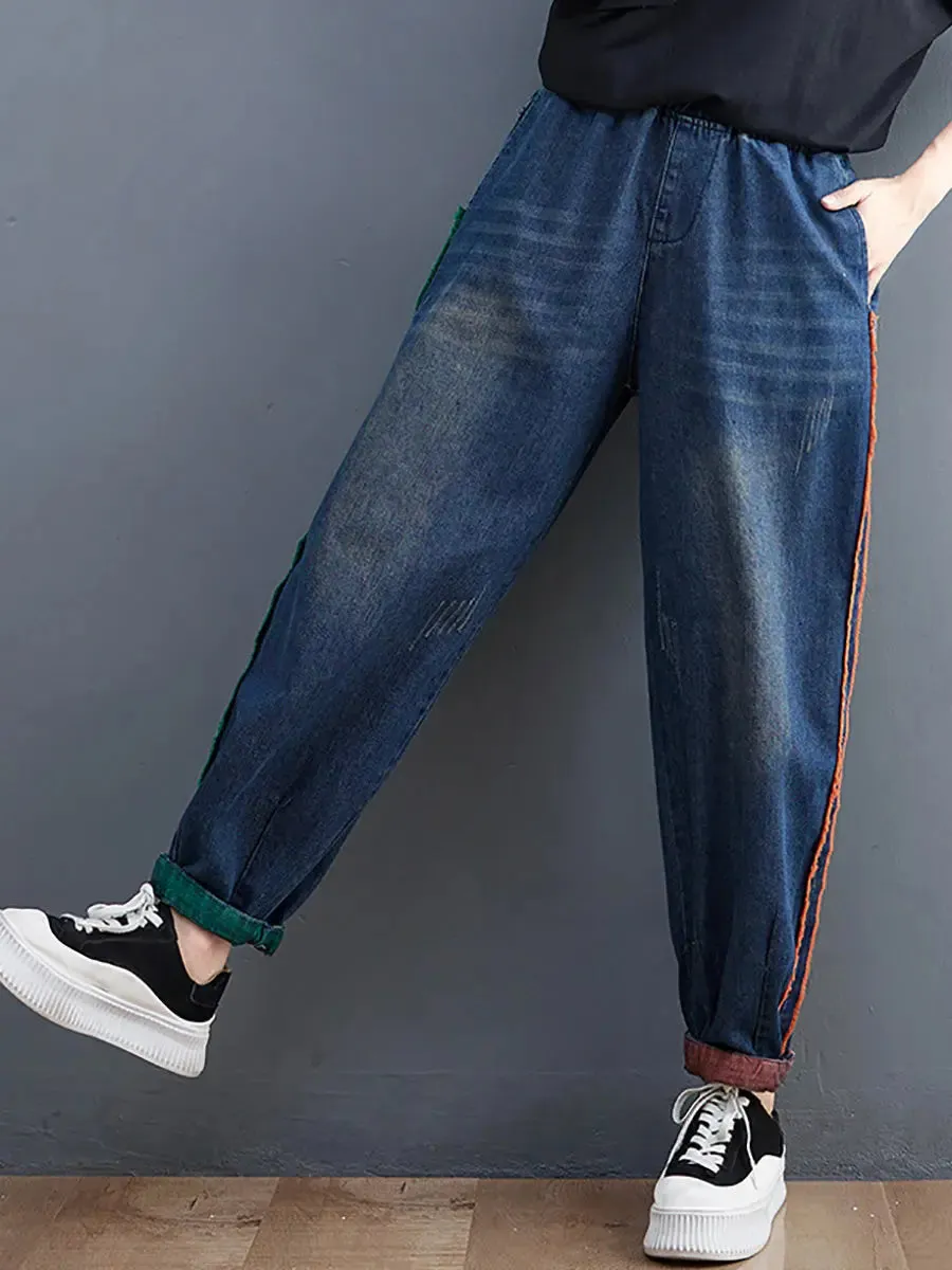 Women Colorblock Raw-edge Denim Pants