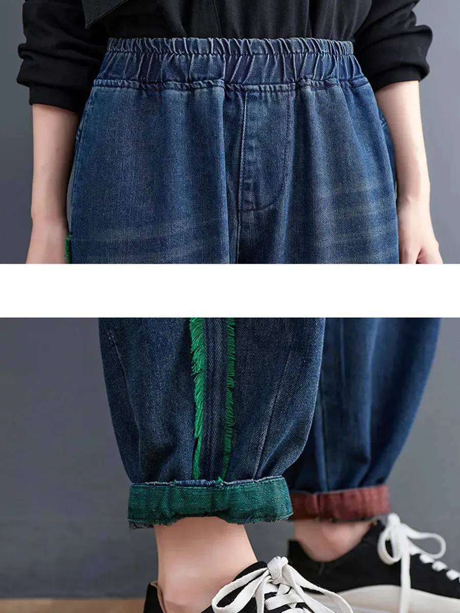 Women Colorblock Raw-edge Denim Pants