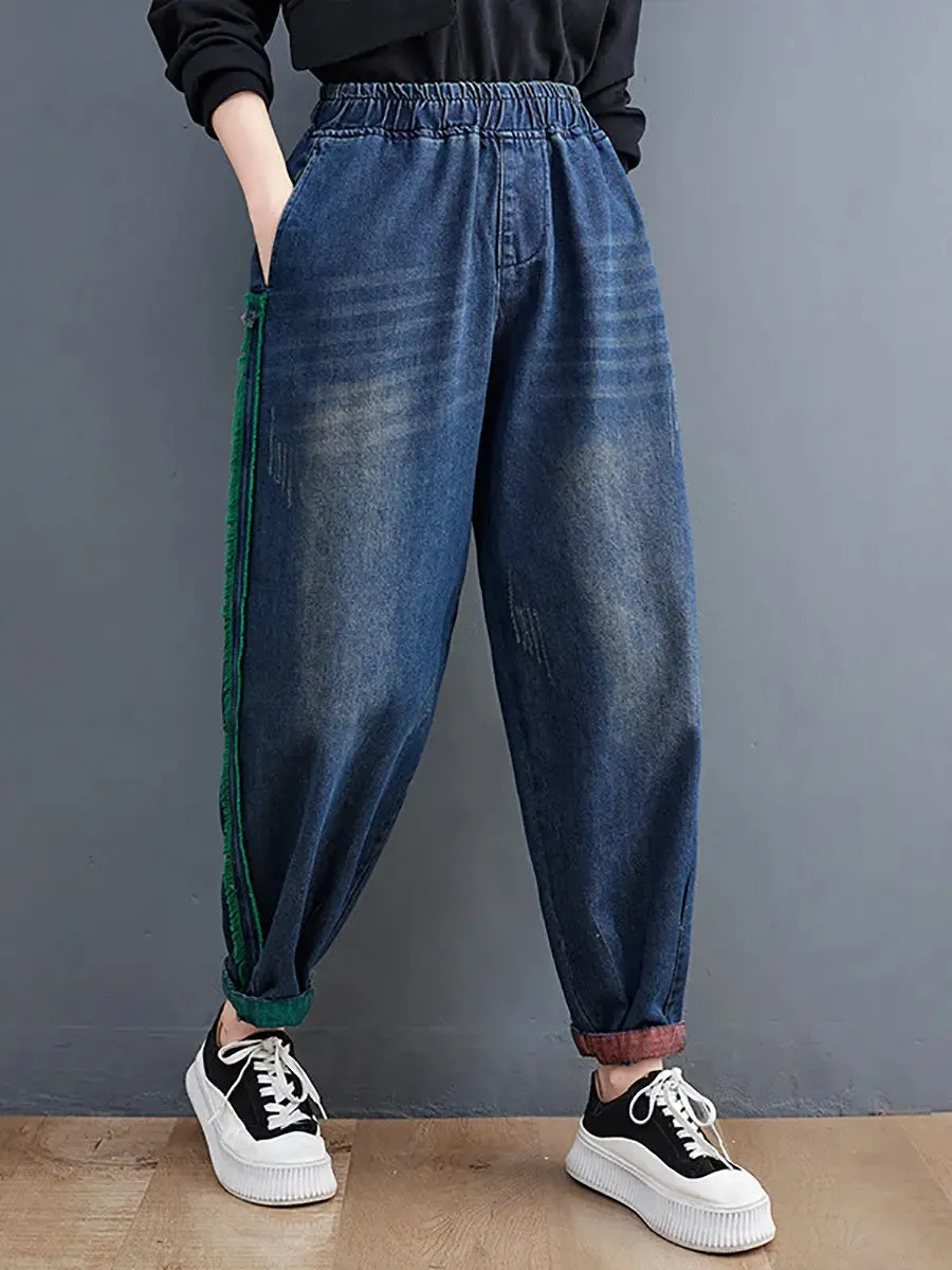 Women Colorblock Raw-edge Denim Pants