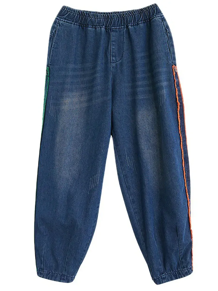 Women Colorblock Raw-edge Denim Pants