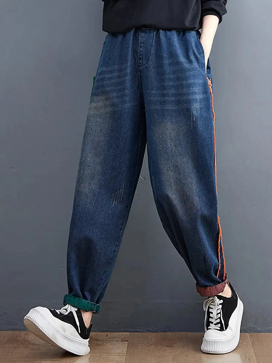 Women Colorblock Raw-edge Denim Pants