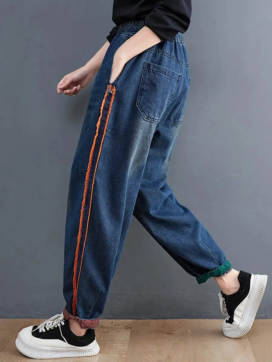 Women Colorblock Raw-edge Denim Pants