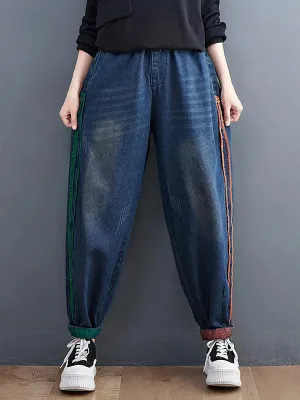 Women Colorblock Raw-edge Denim Pants
