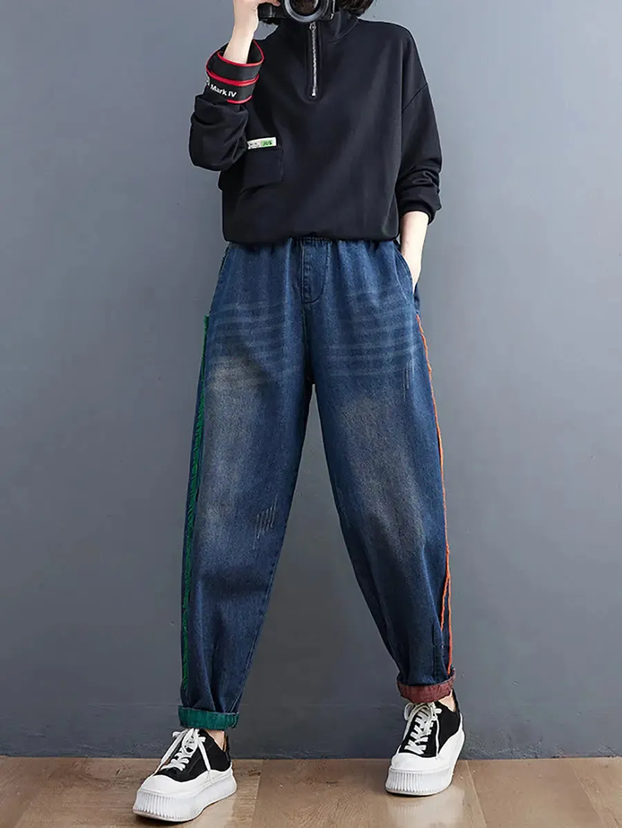 Women Colorblock Raw-edge Denim Pants