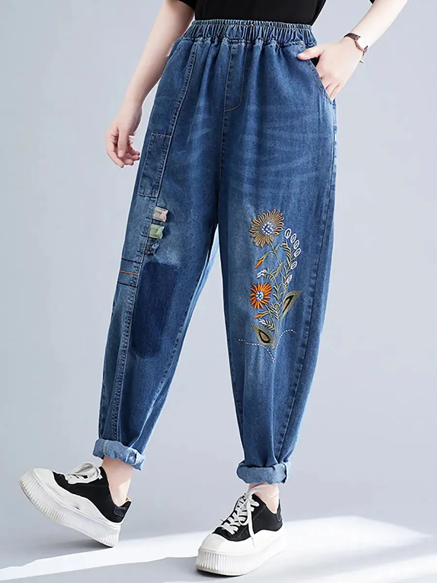 Women Embroidery Denim Harem Pants