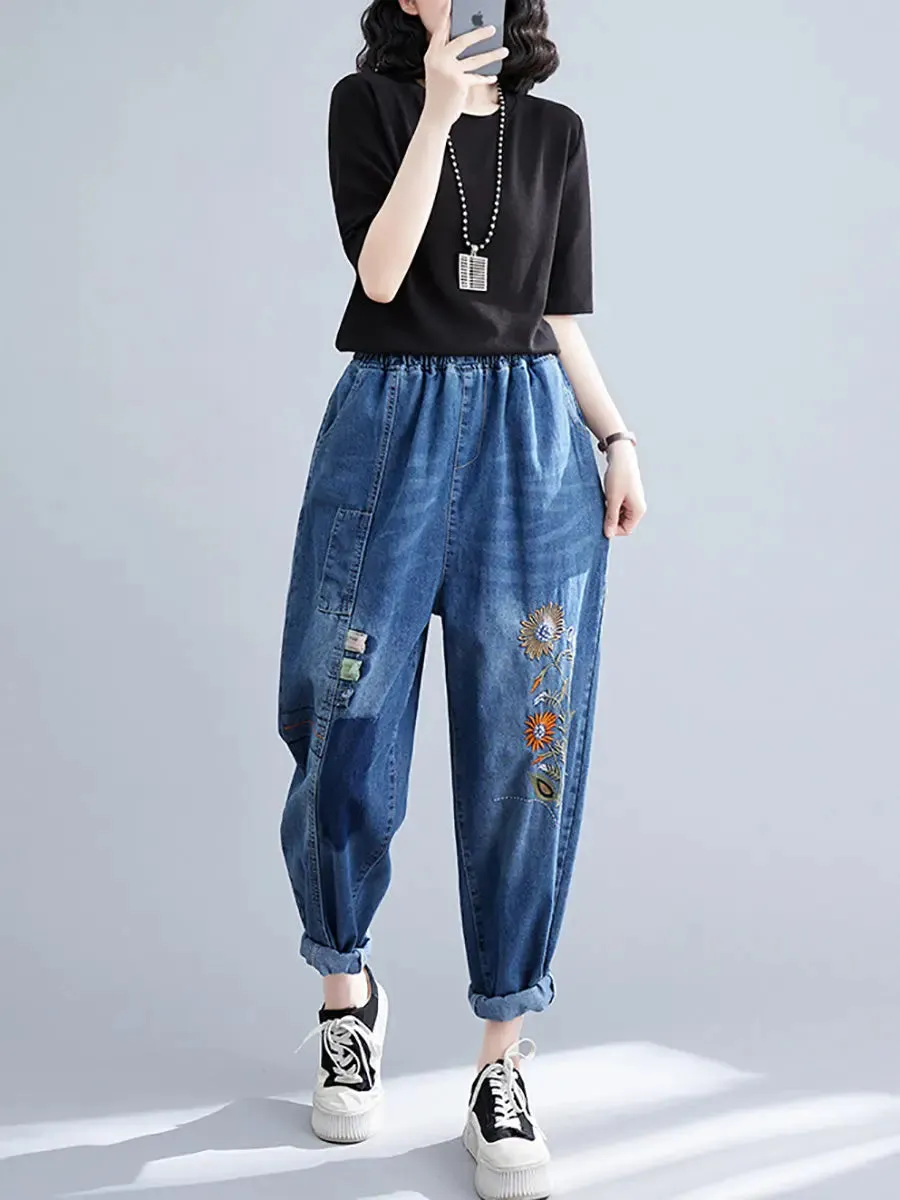 Women Embroidery Denim Harem Pants