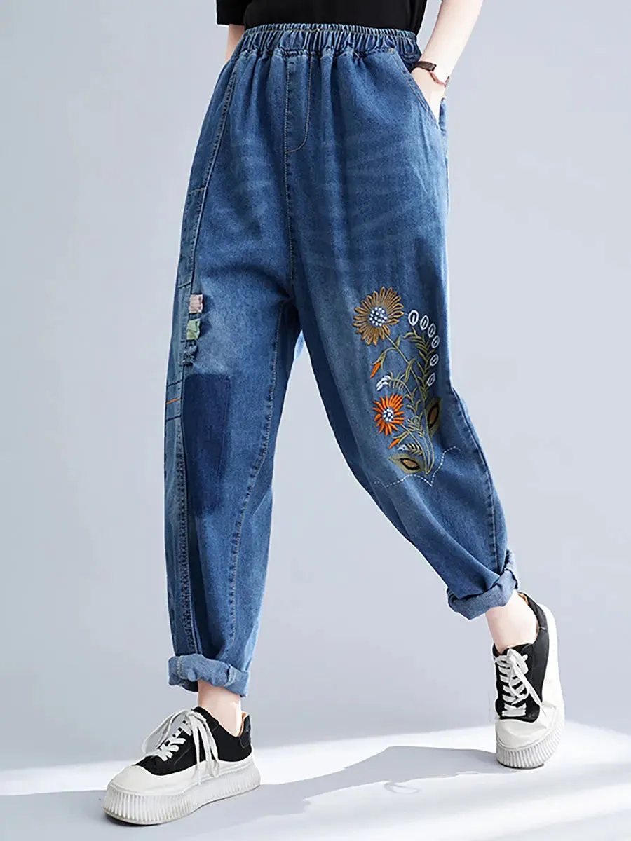 Women Embroidery Denim Harem Pants