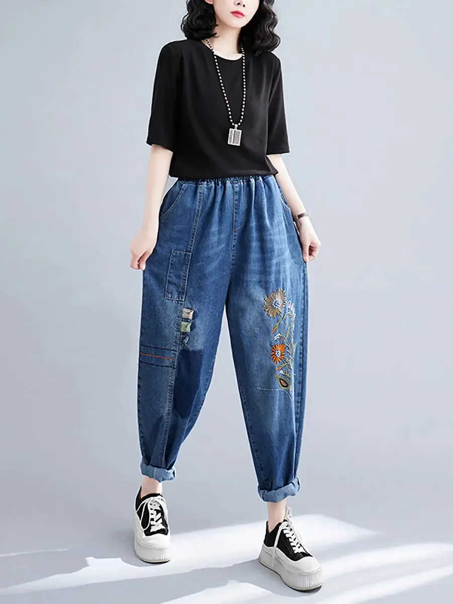 Women Embroidery Denim Harem Pants