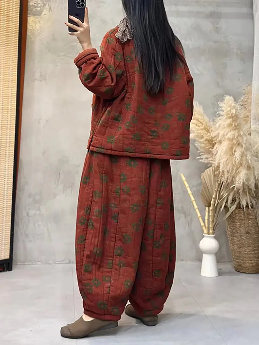 Women Flower Cotton Padded Pants