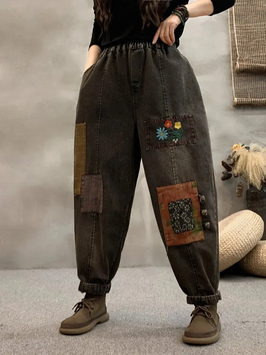 Women Patch Denim Harem Pants