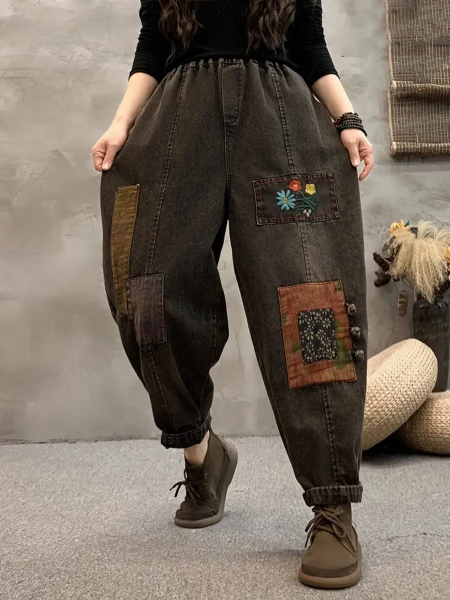 Women Patch Denim Harem Pants