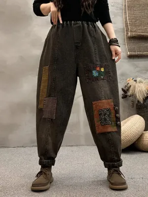 Women Patch Denim Harem Pants