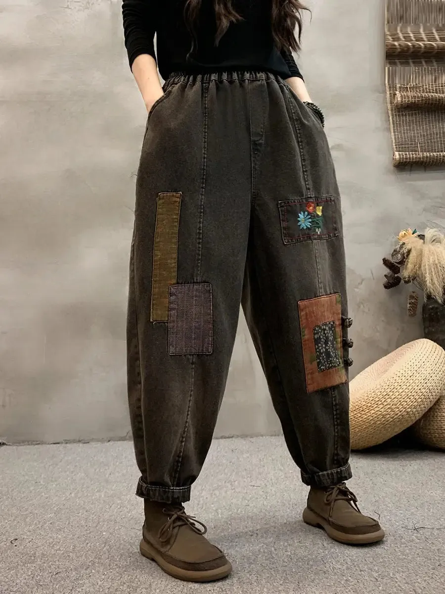 Women Patch Denim Harem Pants