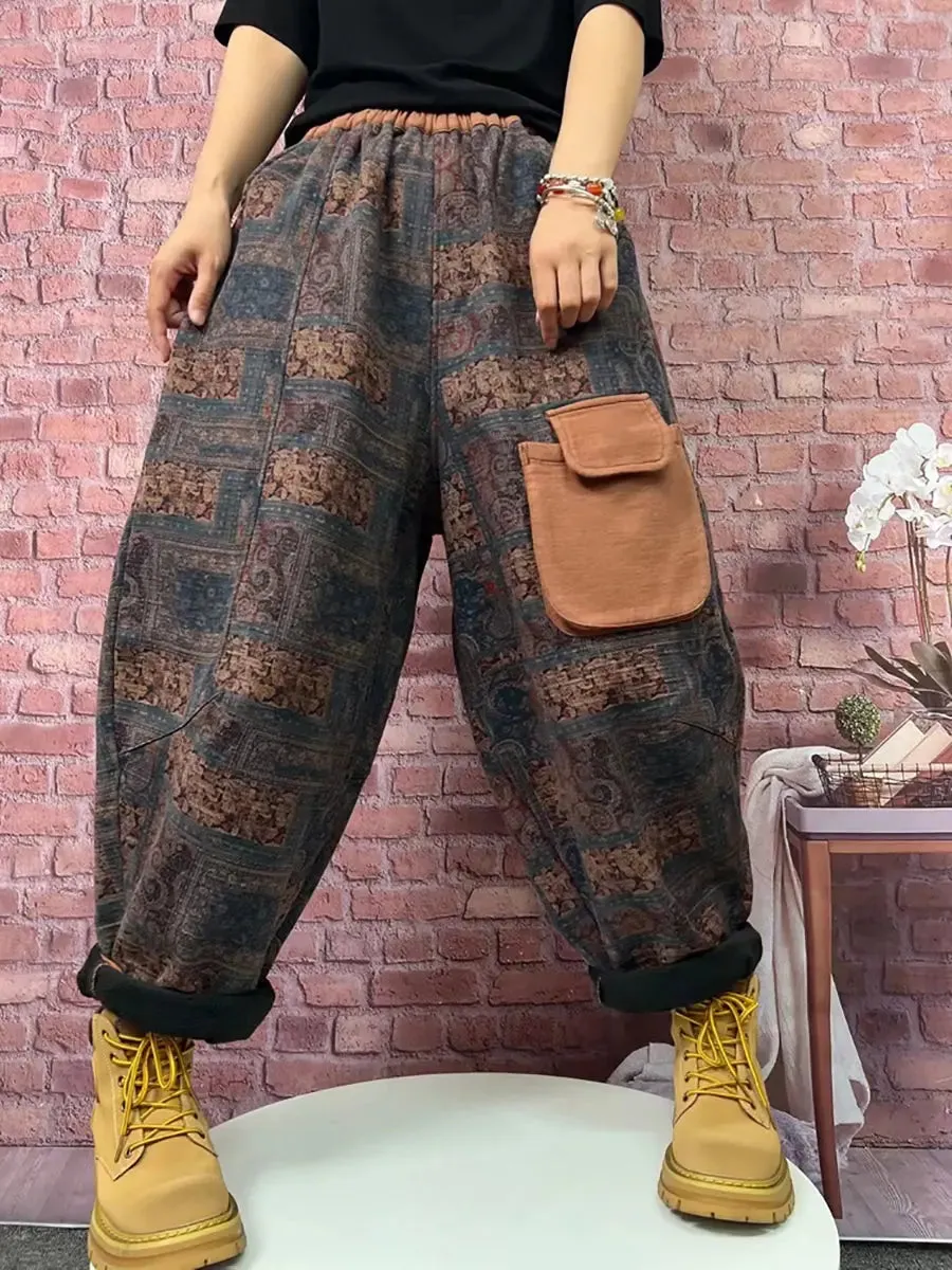 Women Plaid Spliced Fleece-lined Harem Pants