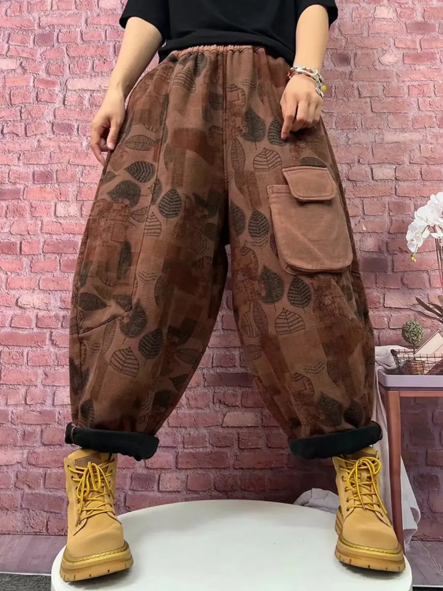 Women Plaid Spliced Fleece-lined Harem Pants