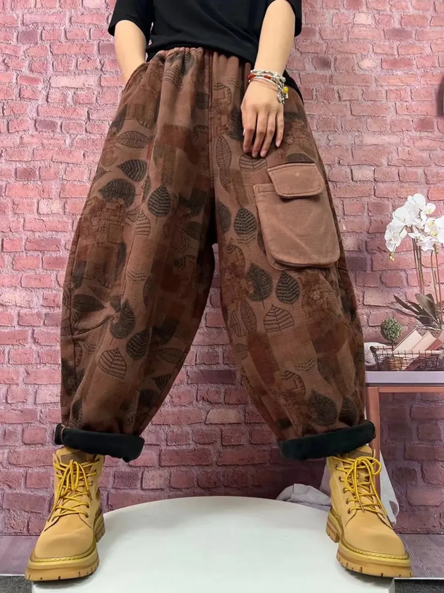 Women Plaid Spliced Fleece-lined Harem Pants