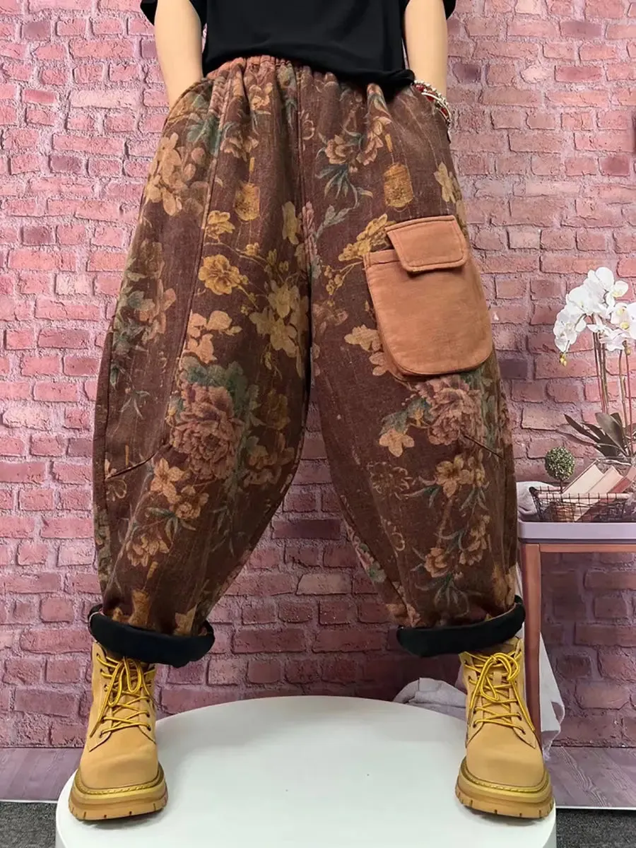 Women Plaid Spliced Fleece-lined Harem Pants