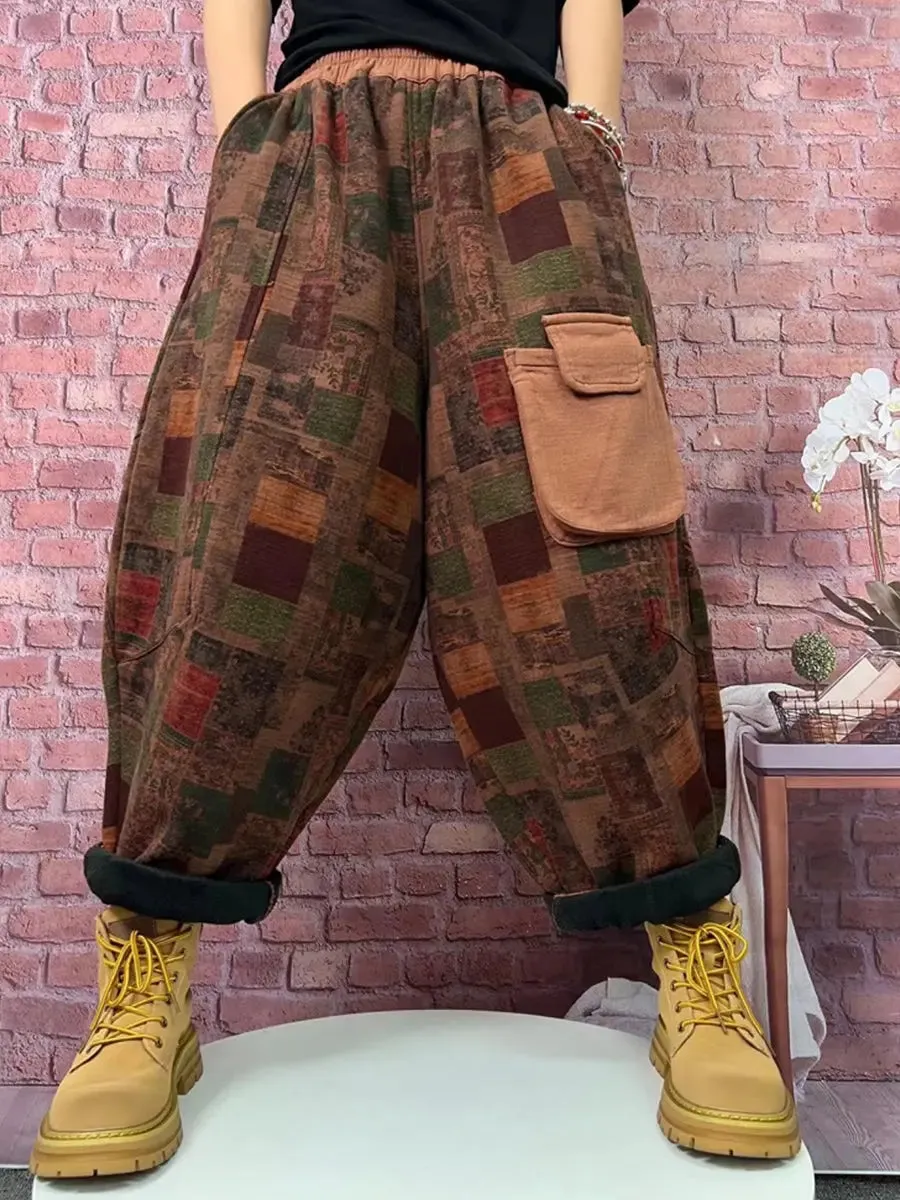 Women Plaid Spliced Fleece-lined Harem Pants