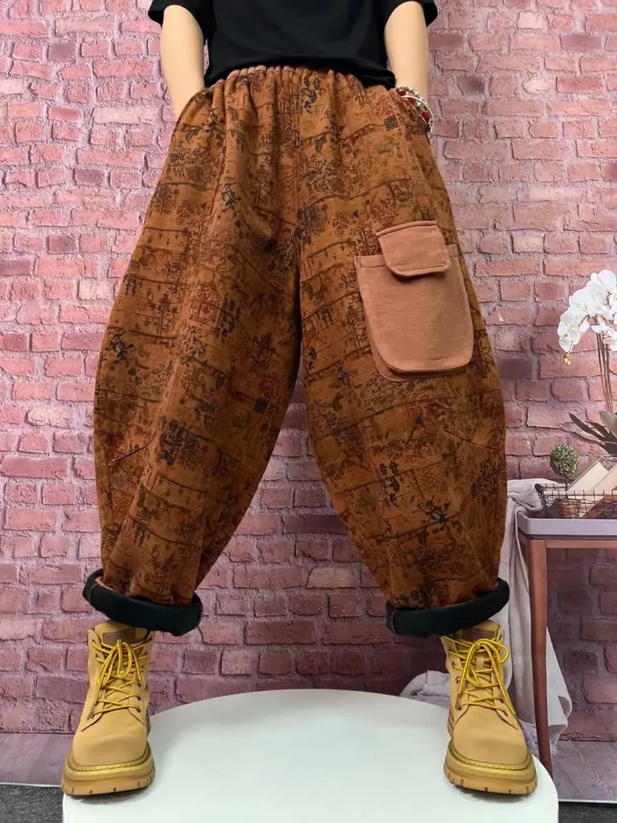 Women Plaid Spliced Fleece-lined Harem Pants
