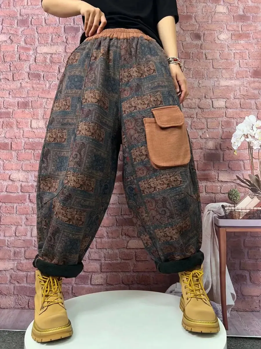 Women Plaid Spliced Fleece-lined Harem Pants