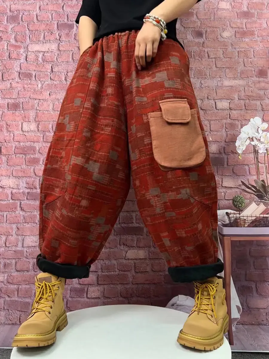 Women Plaid Spliced Fleece-lined Harem Pants